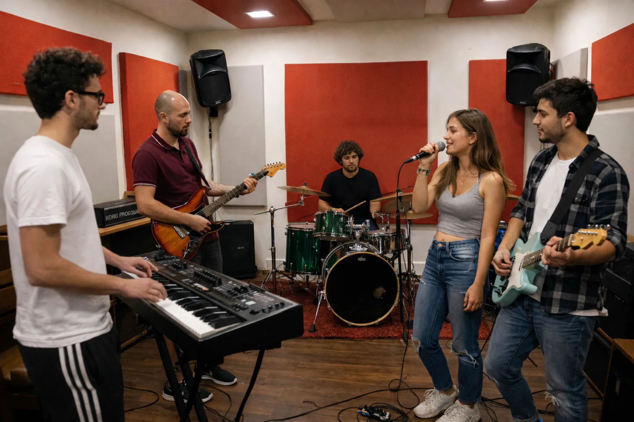 Band in prova: chitarre, tastiera, batteria e voce in sala prove