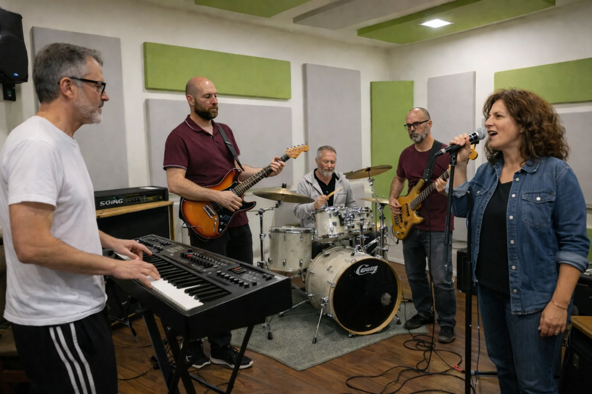 Band adulti e over in sala prove: voce, chitarra, basso, batteria e tastiera
