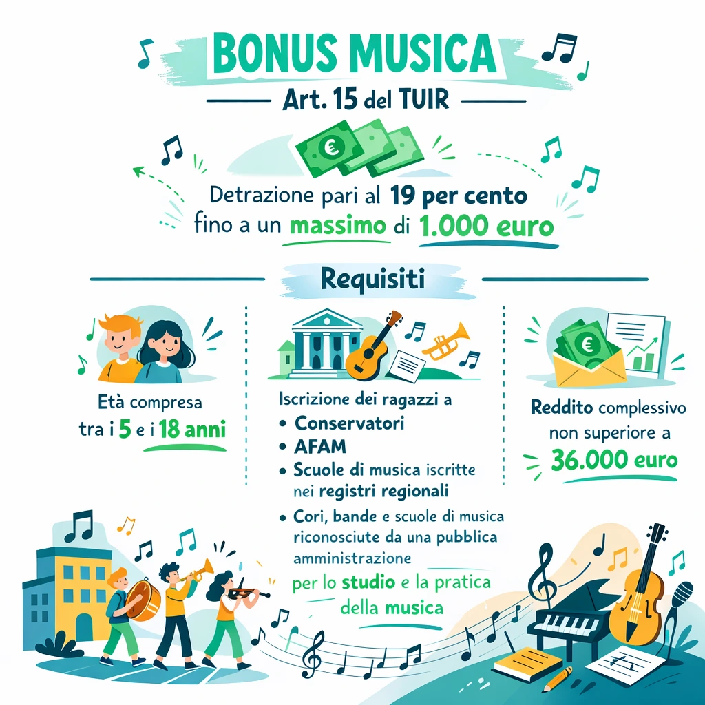 Infografica Bonus Musica: detrazione 19% fino a 1.000 euro