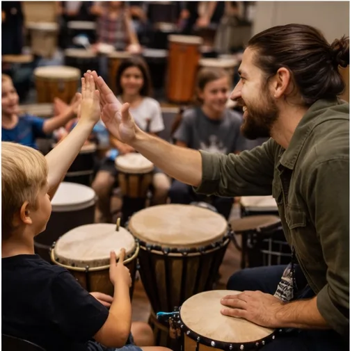 Facilitatore e bambino in Drum Circle: gioco ritmico e collaborazione