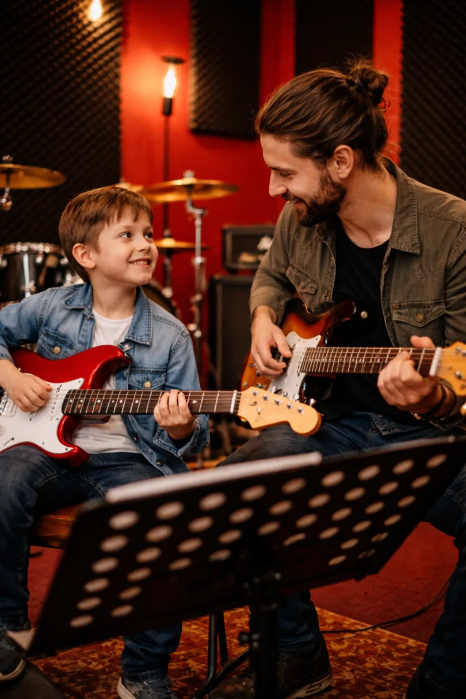 Lezione di chitarra per principianti: maestro e bambino