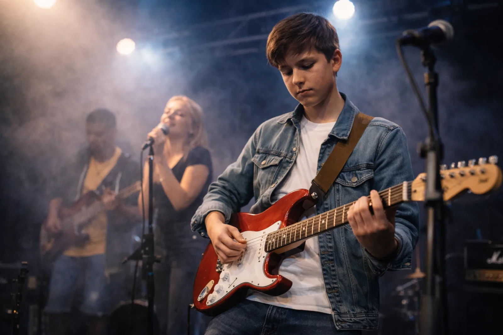 Ragazzo che suona la chitarra in una band: obiettivo performance